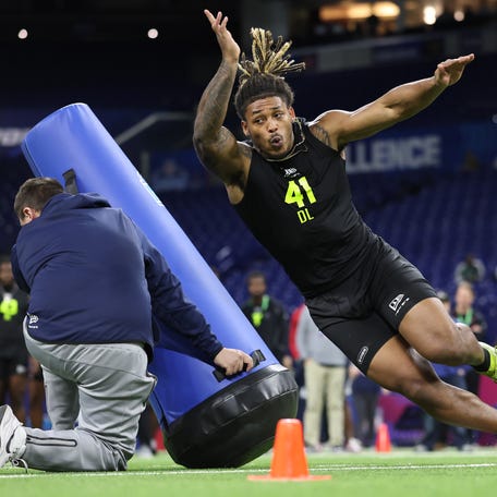 Cashius Howell of the Texas A&M Aggies participates in a drill during the 2026 NFL Scouting Combine at Lucas Oil Stadium on February 26, 2026 in Indianapolis, Indiana.
