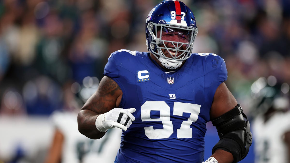 EAST RUTHERFORD, NEW JERSEY - OCTOBER 09: Dexter Lawrence #97 of the New York Giants celebrates during the first quarter of the game at MetLife Stadium on October 09, 2025 in East Rutherford, New Jersey. (Photo by Al Bello/Getty Images)