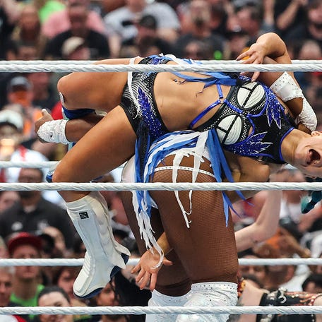 Lyra Valkyria reacts while being tossed during the Women's Tag Team Championship match during WrestleMania 42 at Allegiant Stadium on April 18, 2026 in Las Vegas, Nevada.