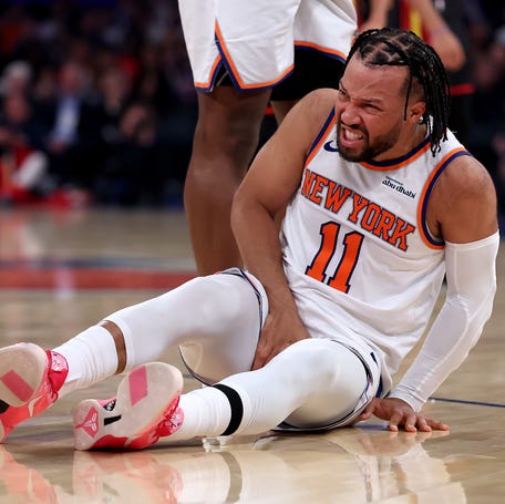 New York Knicks guard Jalen Brunson reacts after he is kicked in the groin by Atlanta Hawks guard CJ McCollum April 18, 2026 Game 1 of the Eastern Conference First Round NBA Playoffs at Madison Square Garden. (Elsa/Getty Images)