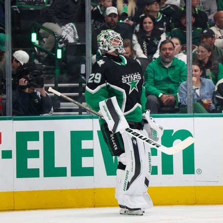 Dallas Stars goaltender Jake Oettinger (29) during a stoppage of play against the Minnesota Wild in the first period of Game 1.