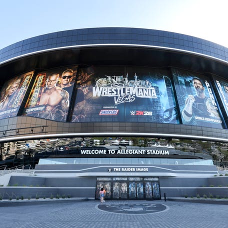 Building wraps for WrestleMania 42 are shown on the exterior of Allegiant Stadium on April 17, 2026 in Las Vegas, Nevada. The WWE's flagship event will be held at the venue on April 18th and 19th.