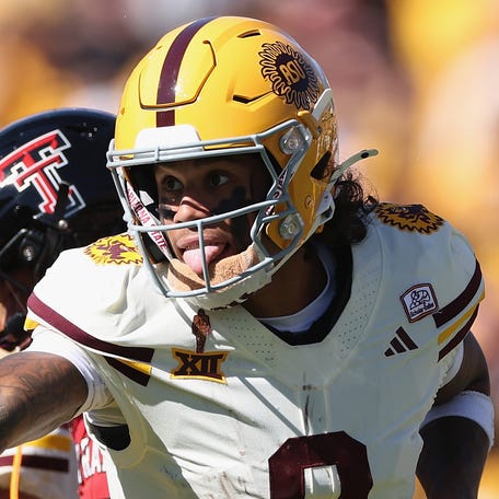 TEMPE, ARIZONA - OCTOBER 18: Jordyn Tyson #0 of the Arizona State Sun Devils reacts after first-down reception against the Texas Tech Red Raiders during the first quarter of the NCAAF game at Mountain America Stadium on October 18, 2025 in Tempe, Arizona. (Photo by Christian Petersen/Getty Images)