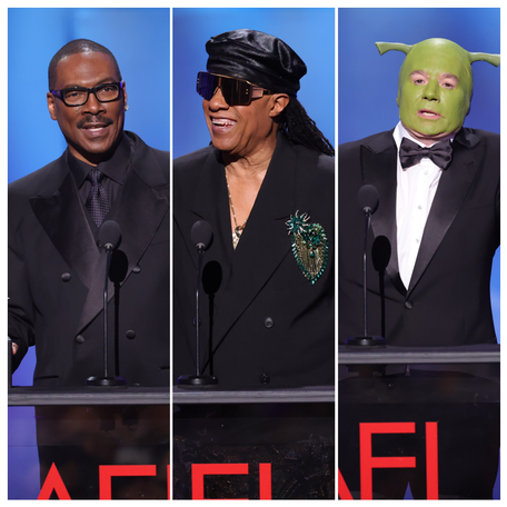 Eddie Murphy at the "AFI Life Achievement Award Tribute Gala" on April 18 received praise from stars like Stevie Wonder and Mike Myers dressed as black-tie Shrek.