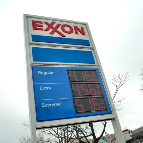 Gas prices are seen at an Exxon station as the price of oil and gas has surged amid the U.S.-Israeli conflict with Iran, in Washington, D.C., U.S., March 5, 2026.