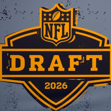 Feb 6, 2026; San Francisco, CA, USA; The 2026 NFL Draft logo at the Super Bowl LX Experience at the Moscone Center.