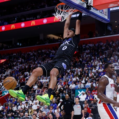 Orlando Magic guard Anthony Black (0) dunks against the Detroit Pistons during Game 1 of their first-round playoff series at Little Caesars Arena on April 19, 2026.