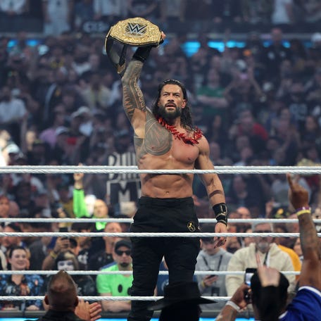Roman Reigns celebrates after defeating CM Punk during the World Heavyweight Championship match during WrestleMania 42 at Allegiant Stadium on April 19, 2026 in Las Vegas, Nevada.