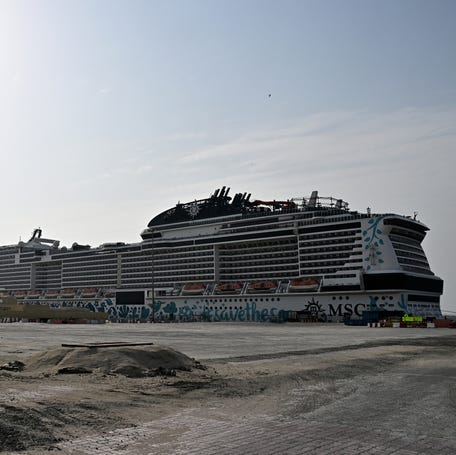 The cruise ships Aroya Manara and MSC Euribia are anchored at the port of Dubai on March 4, 2026.