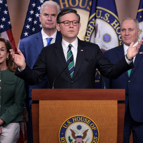 House Speaker Mike Johnson (R-LA) with Rep. Lisa McClain (R-MI), Rep. Tom Emmer (R-MN) and Rep. Steve Scalise (R-LA) holds a press conference on Capitol Hill on March 17, 2026.