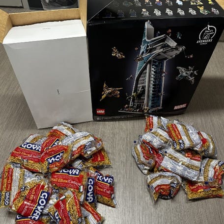 Police say Jarell Augustine of California allegedly purchased Lego sets from Target and then returned them with pasta inside.