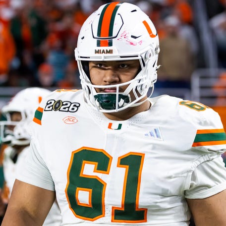 Miami Hurricanes offensive lineman Francis Mauigoa (61) against the Indiana Hoosiers during the College Football Playoff National Championship game at Hard Rock Stadium in Miami Gardens on Jan. 19, 2026.
