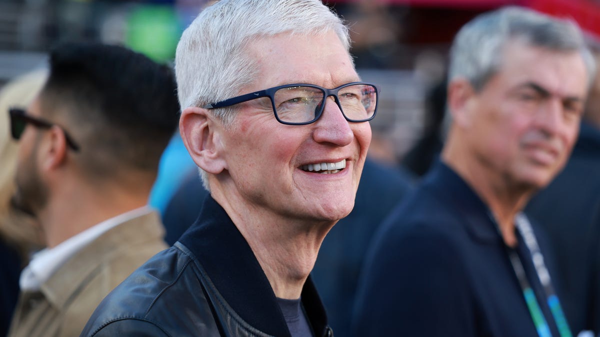 Apple chief executive officer Tim Cook looks on before Super Bowl LX between the Seattle Seahawks and the New England Patriots at Levi's Stadium.