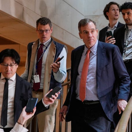 Senator Mark Warner walks down the stairs on the day of a briefing for Congressional leaders on the situation in Iran, on Capitol Hill in Washington, D.C., U.S., March 2, 2026.