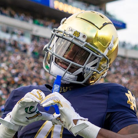 Notre Dame Fighting Irish running back Jeremiyah Love celebrates after scoring against the Syracuse Orange during the first half on Nov. 22 at Notre Dame Stadium.