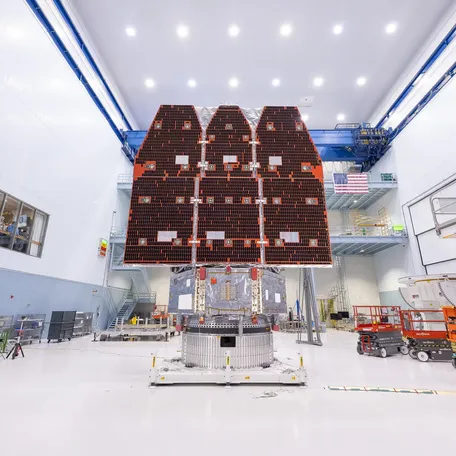 NASA’s Nancy Grace Roman Space Telescope stands fully assembled, following the integration of its two major segments, in the clean room at the agency’s Goddard Space Flight Center in Greenbelt, Maryland. The mission is slated to launch by May 2027, but the team is on track for launch as early as fall 2026.