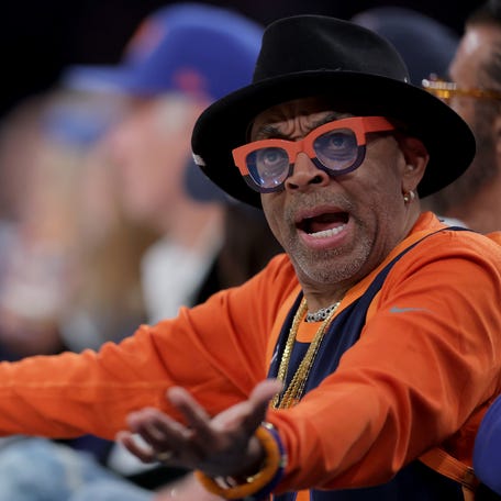 American producer and activist Spike Lee reacts from his courtside seat during Game 2 of the first-round playoff series between the New York Knicks and Atlanta Hawks at Madison Square Garden on April 20, 2026.