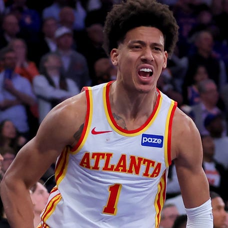 Jalen Johnson reacts after a basket against the New York Knicks during Game 2.