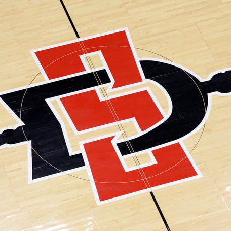A detailed view of the San Diego State Aztecs logo at mid court before the game against the Nevada Wolf Pack at Viejas Arena.