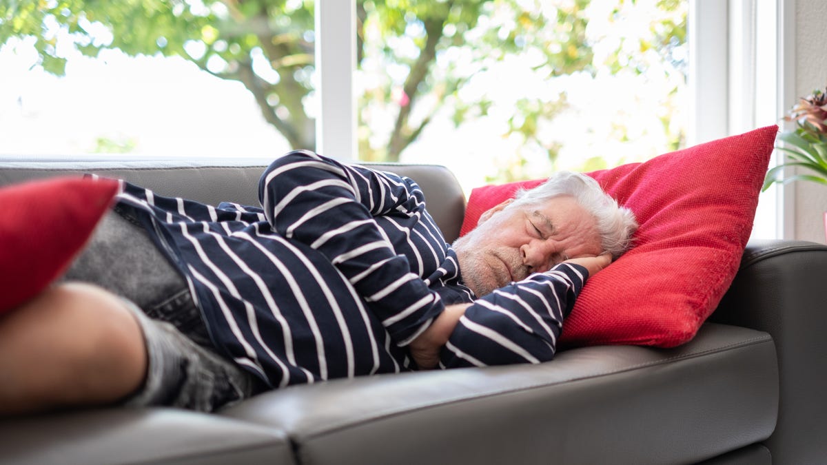 Closeup portrait of sleeping senior man with beard, peaceful grandfather resting on sofa at home, enjoying midday nap in living room. Seniors lifestyle concept