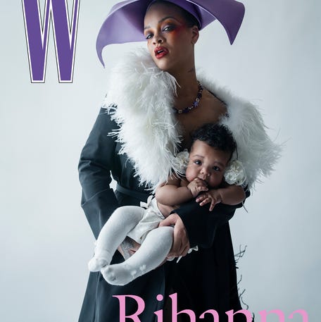 Rihanna and baby Rocki, sporting a Dior diaper, styled by Jahleel Weaver and photographed by Tim Walker for W Magazine.