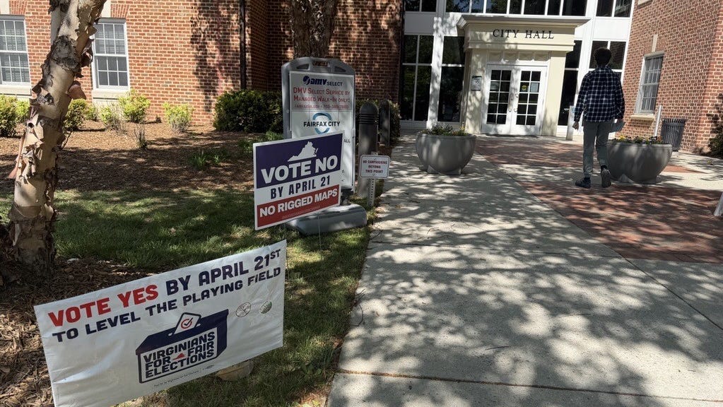 A steady flow of voters streamed into Fairfax City Hall to cast ballots in Virginia's redistricting referendum, April 21, 2026.