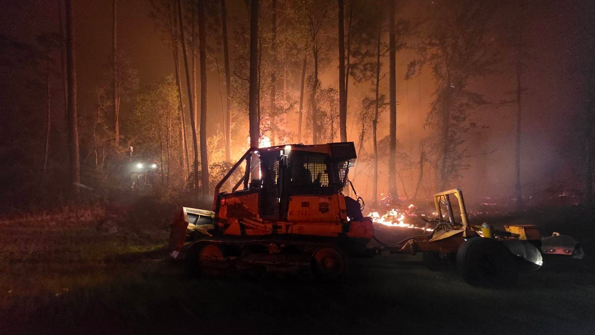 The Florida Forest Service works to contain an April 18, 2026, wildfire in Nassau County.