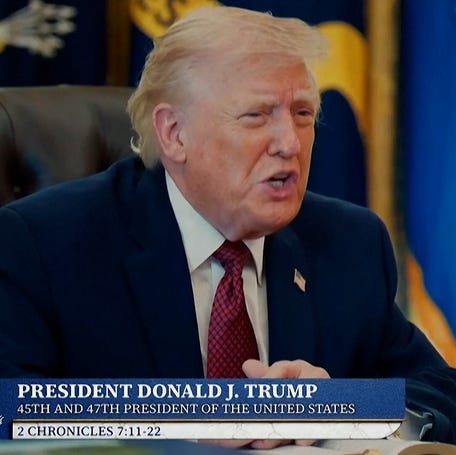 President Donald Trump reads a passage from the Bible in the Oval Office in a national broadcast on April 21, 2026. It was part of a weeklong event called America Reads the Bible.