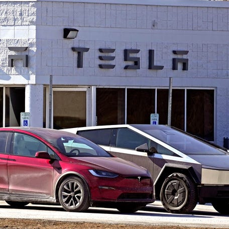 Tesla vehicles are pictured in Milwaukee on Feb.11, 2025.