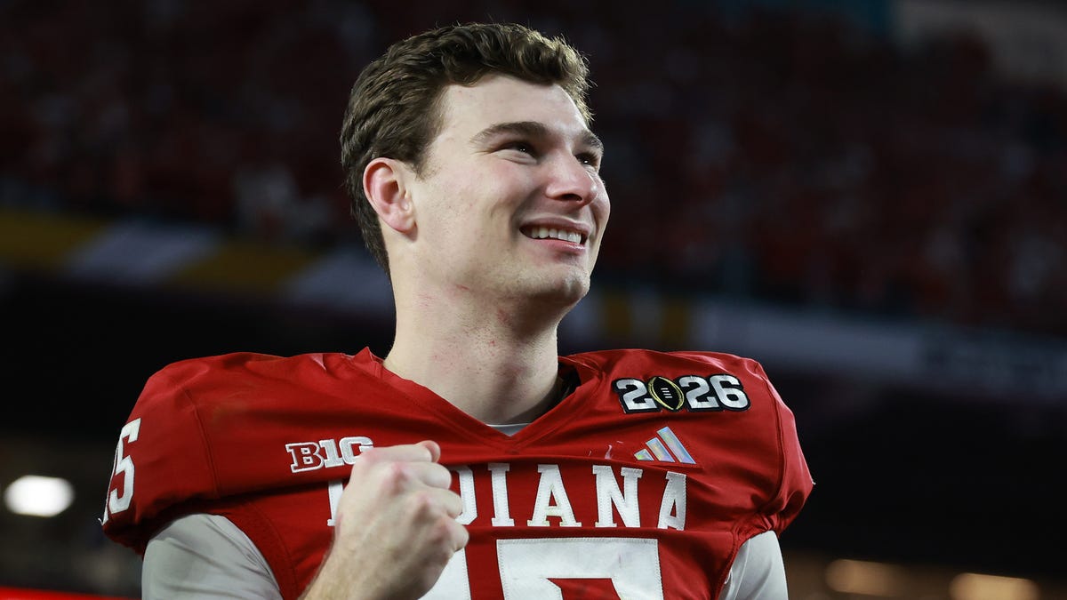 Indiana Hoosiers quarterback Fernando Mendoza celebrates after the College Football Playoff National Championship game against the Miami Hurricanes on Jan. 19 at Hard Rock Stadium. Mendoza was selected No. 1 overall by the Raiders in the 2026 NFL Draft.