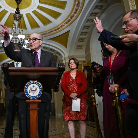 Senate Minority Leader Chuck Schumer (D-NY) takes questions as Senate Democrat leaders hold a press conference following their weekly policy lunch on Capitol Hill in Washington on April 21, 2026.