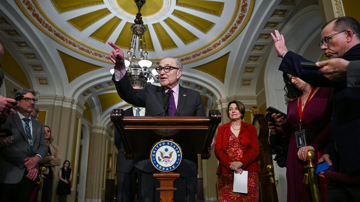 Senate Minority Leader Chuck Schumer (D-NY) takes questions as Senate Democrat leaders hold a press conference following their weekly policy lunch on Capitol Hill in Washington on April 21, 2026.