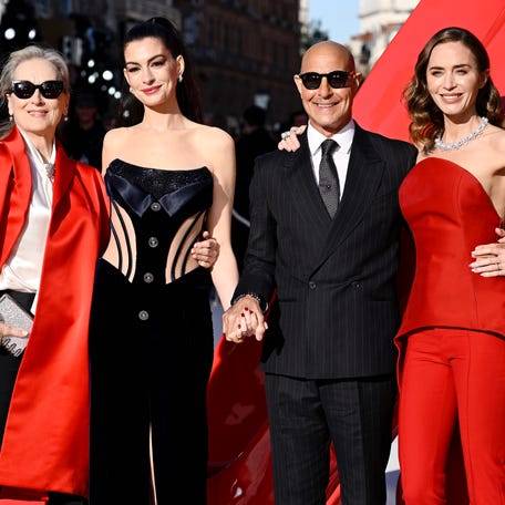 Meryl Streep, Anne Hathaway, Stanley Tucci and Emily Blunt attend "The Devil Wears Prada 2" European Premiere inside Leicester Square on April 22, 2026 in London, England.