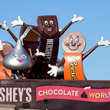 A detailed view of Hershey's Chocolate World sign outside the Hershey Park Entertainment Complex prior to a college basketball game against the Pittsburgh Panthers at the Giant Center on Dec. 21, 2025 in Hershey, Pennsylvania.