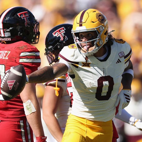 Jordyn Tyson #0 of the Arizona State Sun Devils reacts after first-down reception against the Texas Tech Red Raiders during the first quarter of the NCAAF game at Mountain America Stadium on October 18, 2025 in Tempe, Arizona.