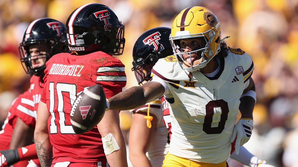 Jordyn Tyson #0 of the Arizona State Sun Devils reacts after first-down reception against the Texas Tech Red Raiders during the first quarter of the NCAAF game at Mountain America Stadium on October 18, 2025 in Tempe, Arizona.