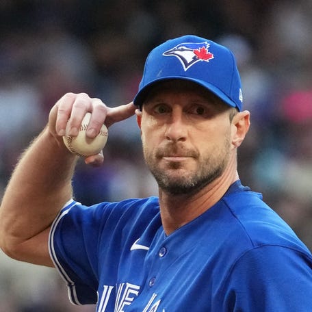 Toronto Blue Jays pitcher Max Scherzer reacts against the Arizona Diamondbacks at Chase Field.