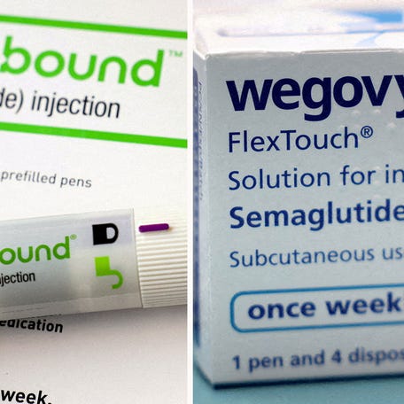 A combination image shows an injection pen of Zepbound, Eli Lilly's weight loss drug, and boxes of Wegovy, made by Novo Nordisk.