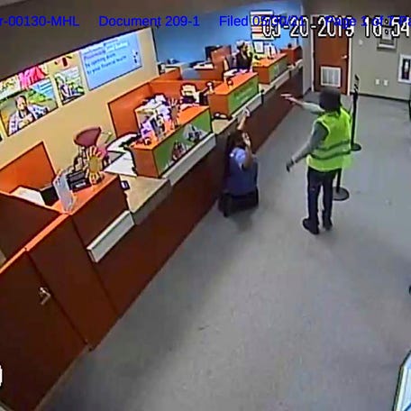 A picture of the robbery of Call Federal Credit Union in Midlothian, Virginia, on May 20, 2019, from the U.S. District Court file in the case against Okello Chatrie. Chatrie pleaded guilty to robbing the bank, but is appealing the conviction because of how police tracked him down based on the location of his smartphone.