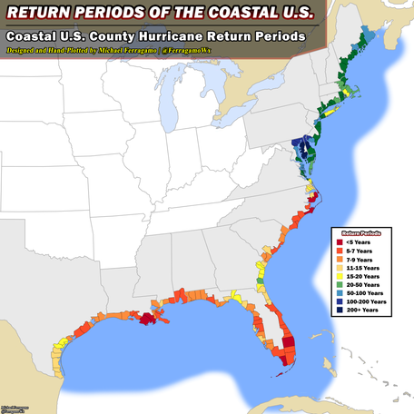 A map shows the hurricane "return periods" of the coastal United States. A return period is the average amount of time between hurricanes at a specific location, based on historical data — not a schedule or prediction.