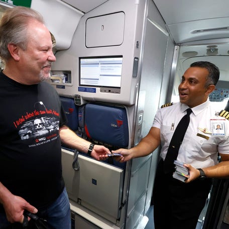 Captain Phil Daniels on Delta Air Lines flight 1218 from Austin, Texas to Detroit on Monday, April 8, 2024.