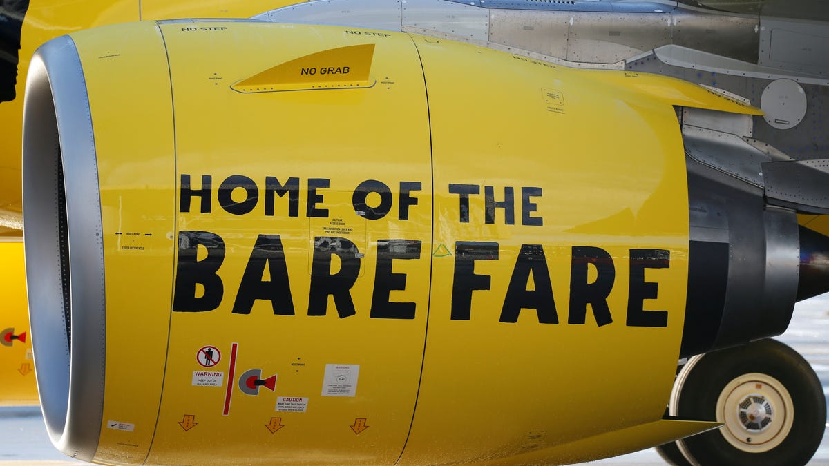 A slogan of low-cost carrier Spirit Airlines is pictured on an engine in Colomiers near Toulouse, France, on Nov. 6, 2018.