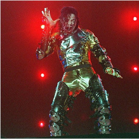 Michael Jackson during a performance on the second show of his "History Tour" in South Africa at Johannesburg Stadium.