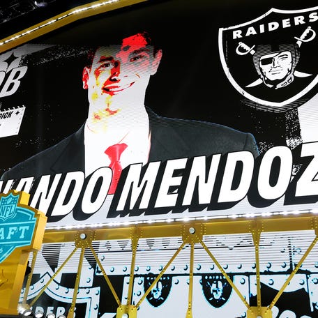 PITTSBURGH, PENNSYLVANIA - APRIL 23: A detailed view of the stage showing a still of Fernando Mendoza of the Indiana on screen after being selected first overall pick by the Las Vegas Raiders during Round One of the 2026 NFL Draft at Acrisure Stadium on April 23, 2026 in Pittsburgh, Pennsylvania. (Photo by Emilee Chinn/Getty Images)