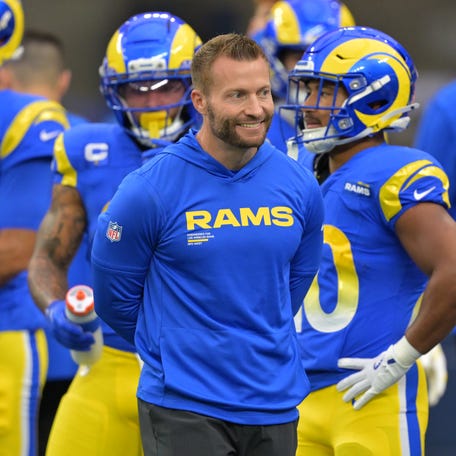 Jan 4, 2026; Inglewood, California, USA; Los Angeles Rams head coach Sean McVay on the field prior to a game against the Arizona Cardinals at SoFi Stadium. Mandatory Credit: Jayne Kamin-Oncea-Imagn Images