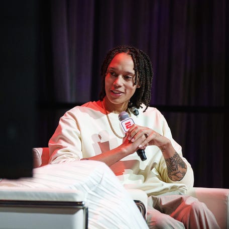 Brittney Griner makes an appearance for an on-stage interview at the 2026 Women's Final Four Tourney Town on April 4, 2026, in Phoenix.
