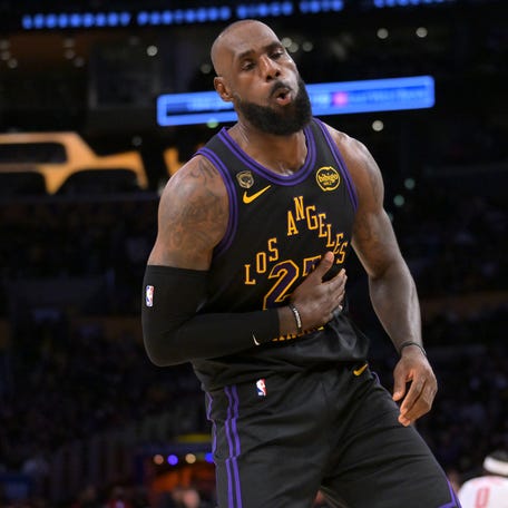 Los Angeles Lakers forward LeBron James (23) reacts after he was fouled.