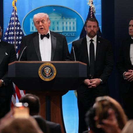 President Donald Trump holds a press briefing at the White House, following a shooting incident during the annual White House Correspondents’ Association dinner, in Washington, DC, on April 25, 2026.