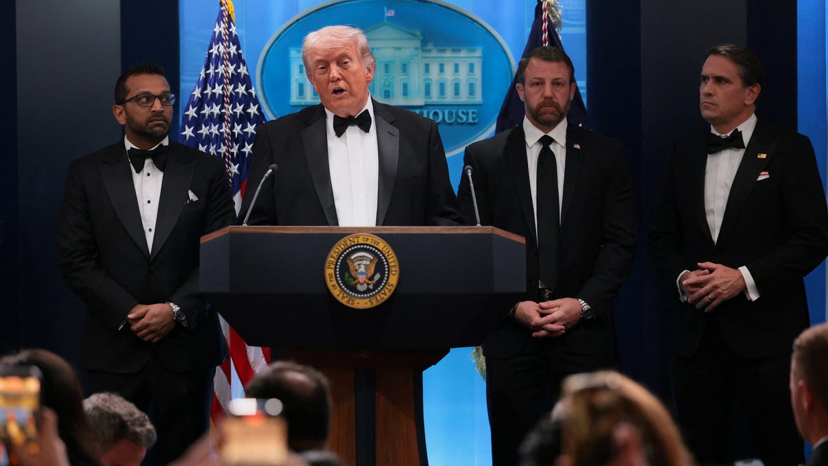 President Donald Trump holds a press briefing at the White House, following a shooting incident during the annual White House Correspondents’ Association dinner, in Washington, DC, on April 25, 2026.