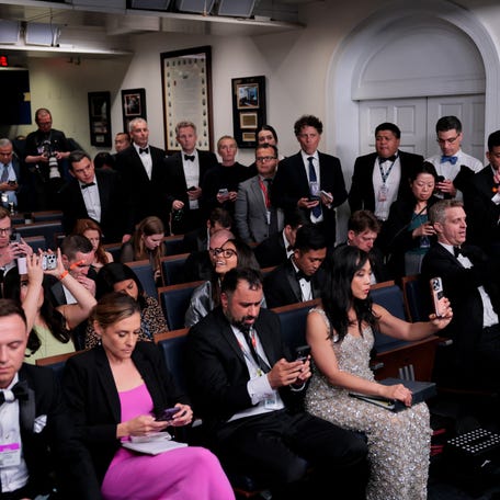 Journalists wait for the arrival of President Donald Trump for a press briefing at the White House, following a shooting incident during the annual White House Correspondents’ Association dinner, in Washington, D.C., on April 25, 2026.